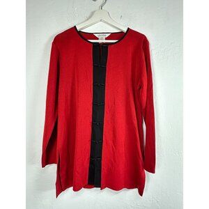 Misook Women's Long Sleeve Tunic Top Knitted Asian Frog Closure Red Size Medium